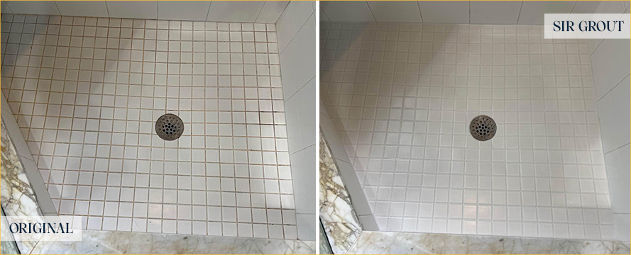 Shower Floor Before and After Our Tustin Grout Cleaning Service